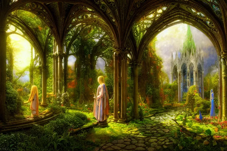 Image similar to a beautiful and highly detailed photo painting of an elven cathedral in a beautiful garden in a mystical forest, psychedelic, intricate details, cgsociety, 8 k, sharp focus, photorealism, by caspar friedrich, albert bierstadt, james gurney, brian froud,