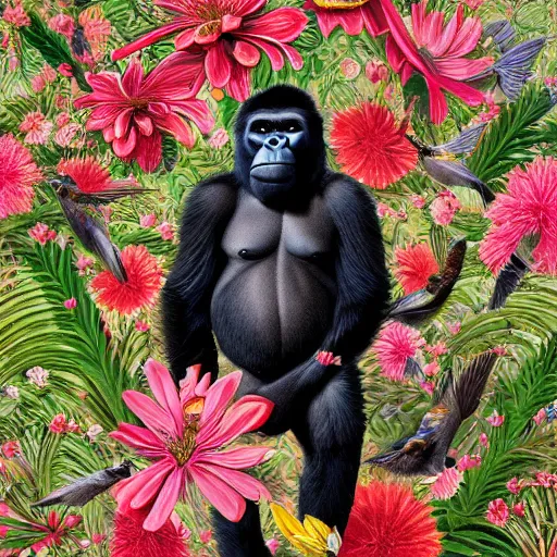 Image similar to half - length portrait of a gorilla surrounded by hummingbirds and fine floral ornaments, eye - level medium - angle shot, intricate, floral background, by esao andrews, by m. w. kaluta, by yoshita amano, intricate, symmetrical, natural lighting, smooth, 3 d octane render, depth perception, 4 k,, artstation