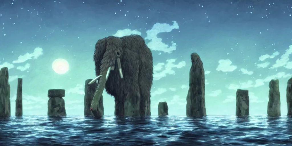 Prompt: a realistic cell - shaded studio ghibli concept art from paprika ( 2 0 0 6 ) of a giant wooly mammoth in a flooded stonehenge easter island on a misty starry night. very dull colors, wide shot, hd, 4 k, hq