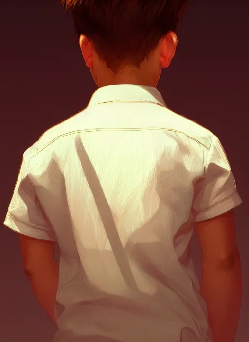 Prompt: perfectly - portrait of a boy wearing shirt from behind, backlighting, intricate, highly detailed, digital painting, artstation, concept art, smooth, sharp focus, illustration, unreal engine 5, 8 k, art by artgerm and greg rutkowski and alphonse mucha