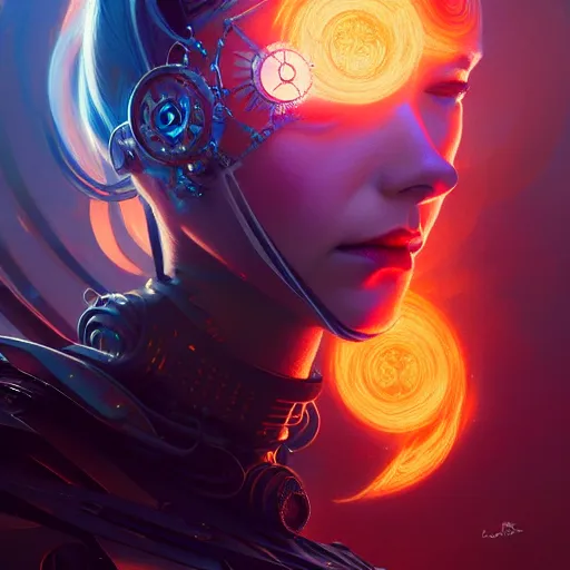 Prompt: the sage, whirwind of fire, tiara, robotic, android, cyborg, cyberpunk face, steampunk, by loish, d & d, fantasy, intricate, elegant, highly detailed, colorful, vivid color, digital painting, artstation, concept art, art by artgerm and greg rutkowski and ruan jia