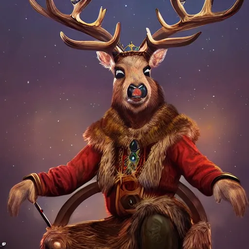 Image similar to A small reindeer king sitting on a throne in Egypt, highly detailed portrait, scifi, digital painting, artstation, concept art, smooth, sharp foccus ilustration, Artstation HQ