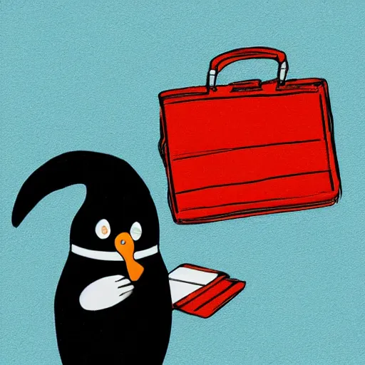 Prompt: pingu trying to sell bags on the street, moody, dark, digital art