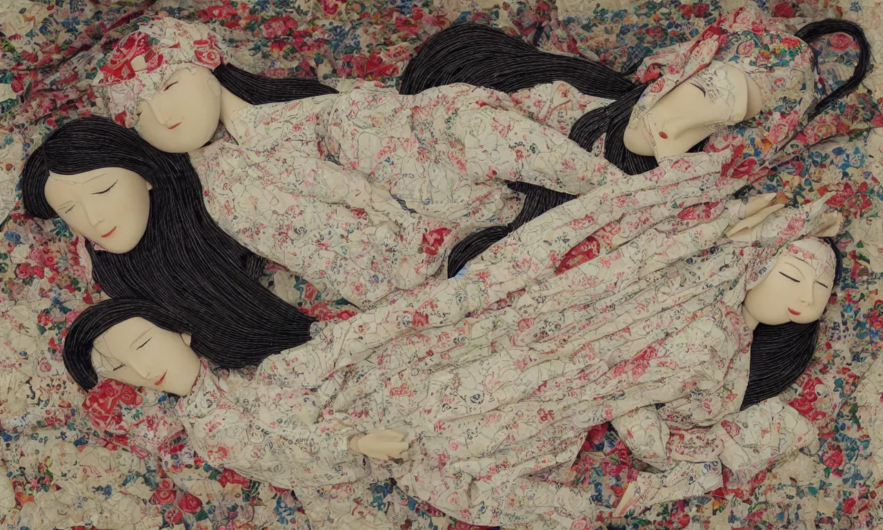 Prompt: a portrait of a beautiful female mannequin, a jointed wooden art doll with long flowing hair, sleeping on a patchwork quilt with a cat asleep next to her, by Amano Yoshitaka