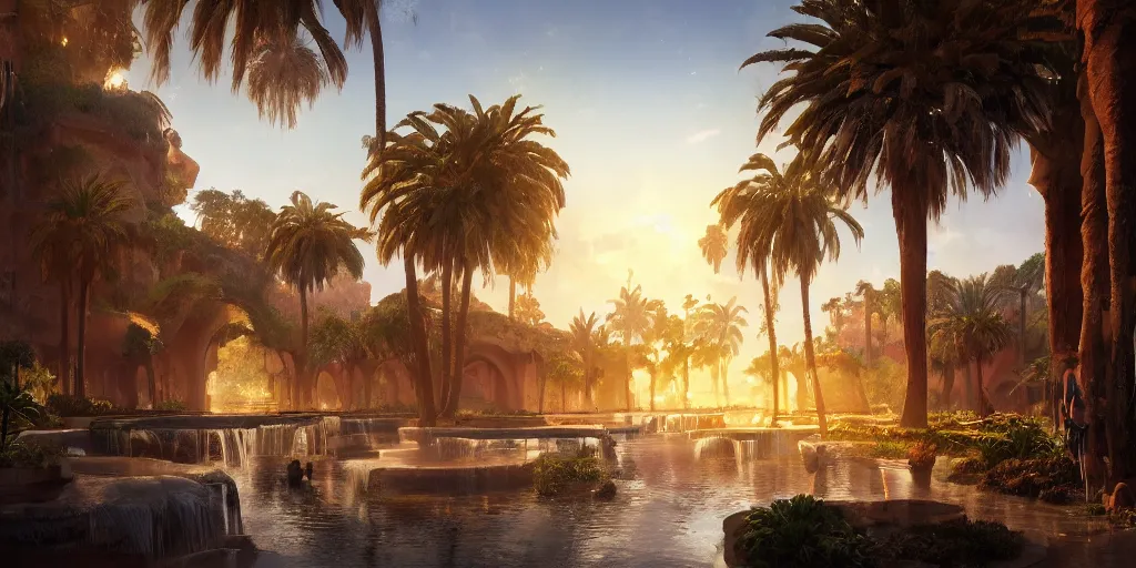 Image similar to beautiful oasis waterfalls surrounded by palm trees moroccan tile archways, date trees, ivory towers sunset peter morbacher ross tran angelarium greg rutkowski alchemy luxury heavenly light soft illumination, trending on artstation cinematic lighting digital painting octane render, artgerm