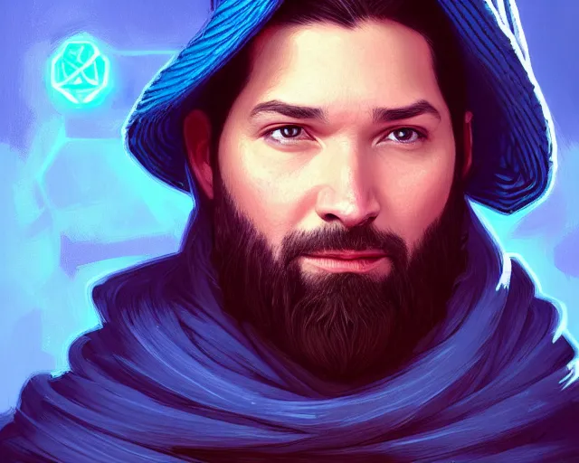 Image similar to amazing portrait of alexis ohanian as a wizard, pointy blue wizard hat, deep focus, symmetrical face, d & d, fantasy, intricate, elegant, highly detailed, digital painting, artstation, concept art, matte, sharp, illustration, hearthstone, art by artgerm and greg rutkowski and alphonse mucha