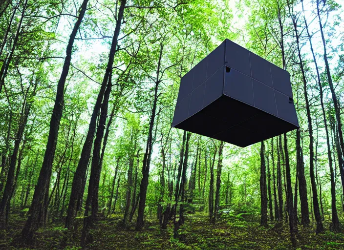 Image similar to black hypercube floating in a forest