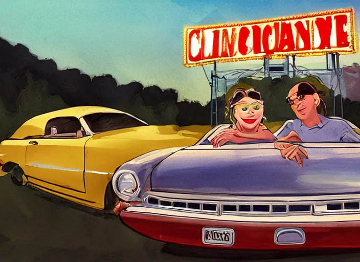 Prompt: a couple sits in a car at a drive - in movie, cinematic concept art