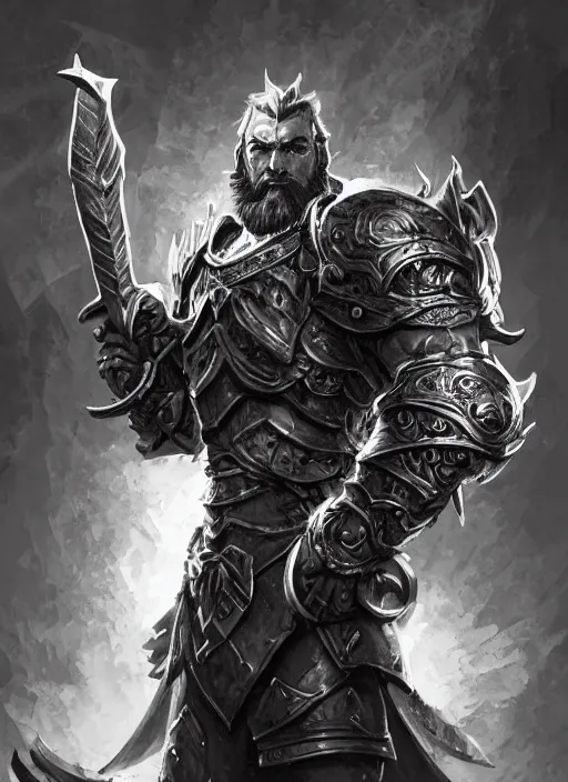 Image similar to a highly detailed illustration of furious rough bearded paladin wearing worn down silver armor, standing heroically clutching blade pose, intricate, elegant, highly detailed, centered, digital painting, artstation, concept art, smooth, sharp focus, league of legends concept art, WLOP