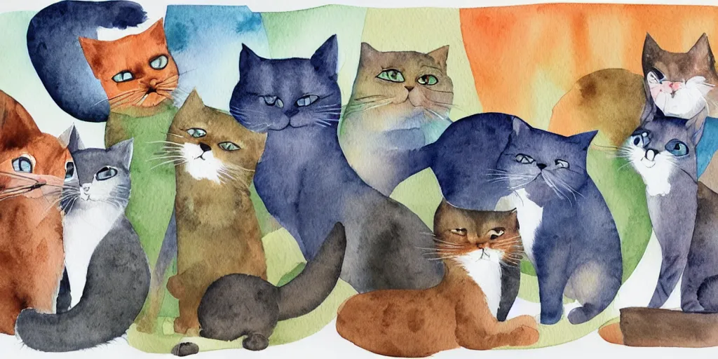 Prompt: group of funny cats select a different type of project before start design production, watercolor illustration