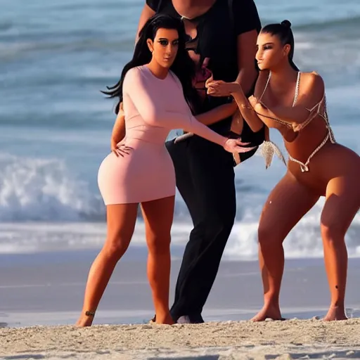 Image similar to kim kardashian fights ariana grande on hot sunny beach