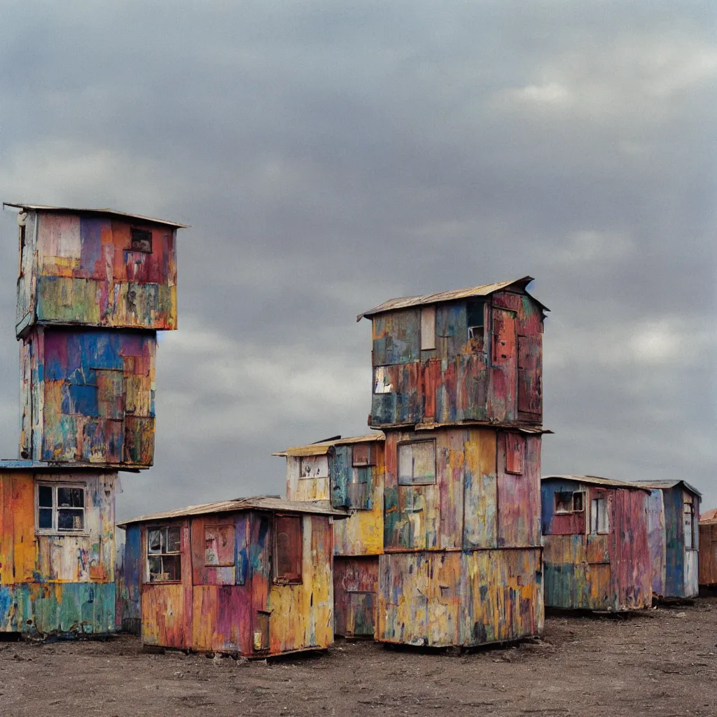 Image similar to two suspended towers made up of colourful makeshift squatter shacks with faded colours, plain uniform sky at the back, soft focus, mamiya rb 6 7, f 1. 8, photographed by uta barth