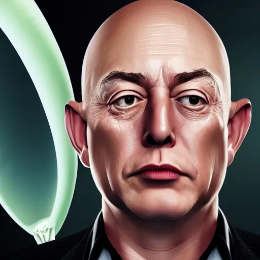 Prompt: photo realistic, uncanny valley, hyper realistic, 8 k, octane render, vray, portrait of a very wrinkly elon musk wearing a flabby jeff bezos skin suit, dead shiny black shark eyes saggy skin, melted face, entire head, bald