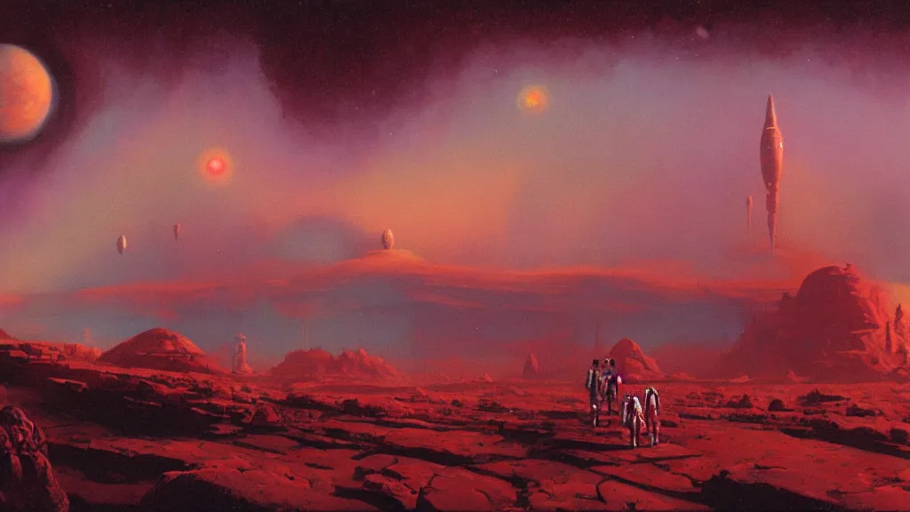 Image similar to mars colony by paul lehr and john schoenherr, cinematic matte painting