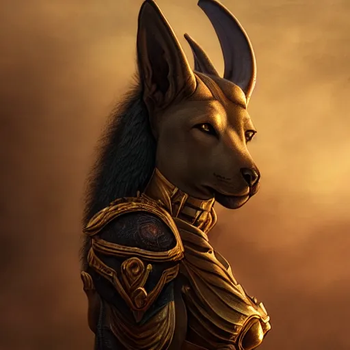 Image similar to majestic gracious anubis female warrior portrait, atmospheric lighting, painted, menacing, intricate, volumetric lighting, beautiful, rich deep colours masterpiece, golden hour, sharp focus, ultra detailed, by leesha hannigan, ross tran, thierry doizon, kai carpenter, ignacio fernandez rios