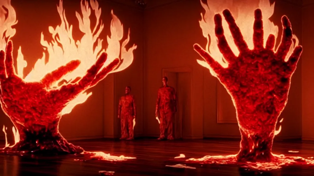 Image similar to a giant hand made of blood and fire floats through the living room, film still from the movie directed by Denis Villeneuve with art direction by Salvador Dalí, wide lens