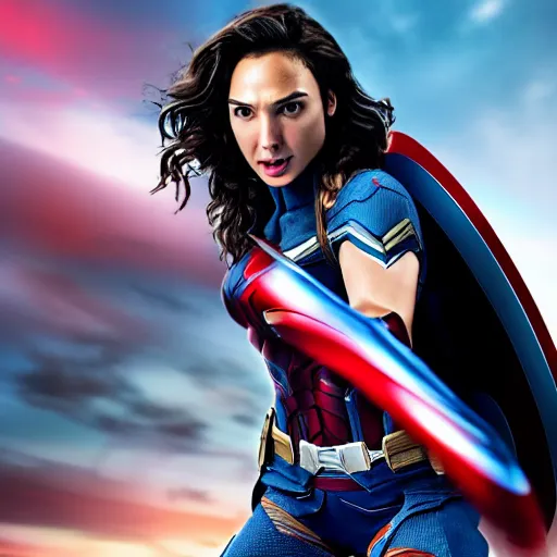 Image similar to screenshot of gal gadot as captain america. 4 k. action pose.