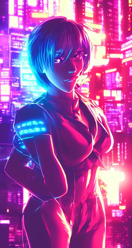 Prompt: anime, cyberpunk women, city, neon lights, glow, retrowave style, sunset,