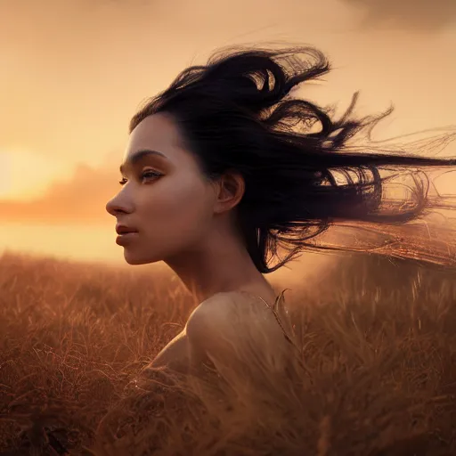 Image similar to closeup portrait of a stunningly beautiful female, silk in the wind at sunset, fashion photoshoot, by edward robert hughes, annie leibovitz and steve mccurry, david lazar, jimmy nelsson, breathtaking, 8 k resolution, extremely detailed, beautiful, establishing shot, artistic, hyperrealistic, beautiful face, octane render