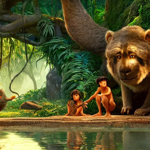 Prompt: jungle book. mowgli and balu. movie still frame. realistic photo.