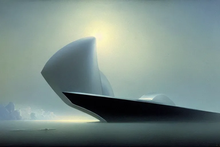 Image similar to minimalist futuristic zaha hadid spaceship painting by ivan aivazovsky