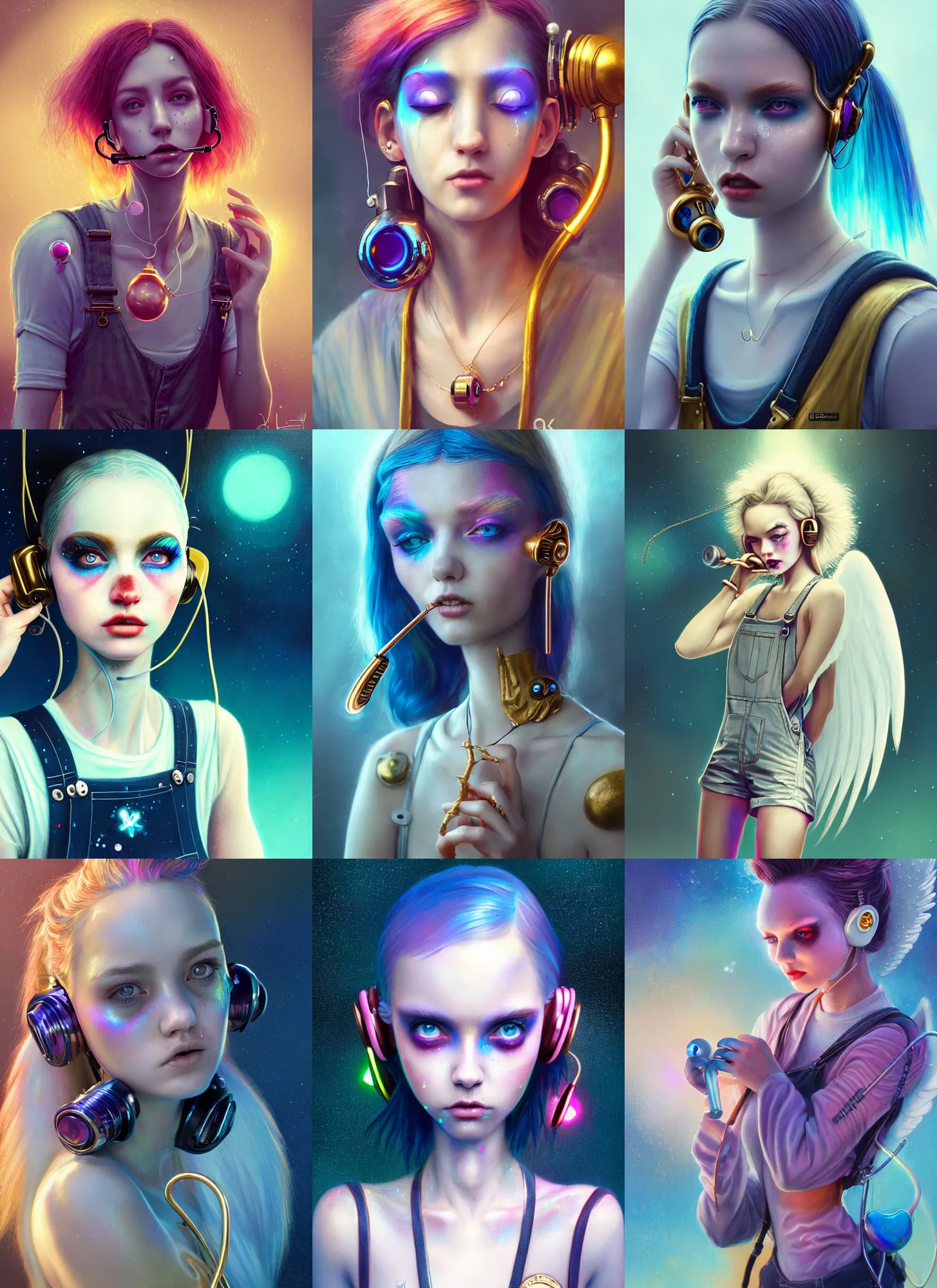 Prompt: disney 8 k photo, beautiful shiny sweaty porcelain rich grand iridescent emo edc angel clowncore cyborg college woman, earbuds jewelry, overalls, golden ratio details, sci fi, fantasy, cyberpunk, intricate, decadent, highly detailed, digital painting, octane render, artstation, concept art, smooth, sharp focus, illustration, art by loish, wlop