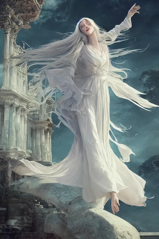 Prompt: a beautiful sorceress floating on air with elegant looks, flowing robe, ornate and flowing, intricate and soft by miho hirano, ruan jia, yoshitaka amano, wlop, beautiful roman architectural ruins in the background, epic sky, vray render, artstation, deviantart, pinterest, 5 0 0 px models