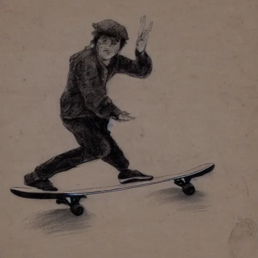 Image similar to luis vaz de camoes skateboarding, sketched by leonardo da vinci