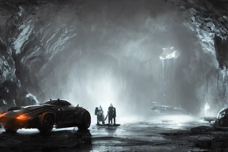 Image similar to the batmobile standing in a very dark and wet cave. highly detailed. intricate. mist. atmospheric. octane render. rim light. photoreal. 8 k. monochrome. cinematic. matte painting imagined by craig mullins and greg rutkowski. concept art, trending on artstation.