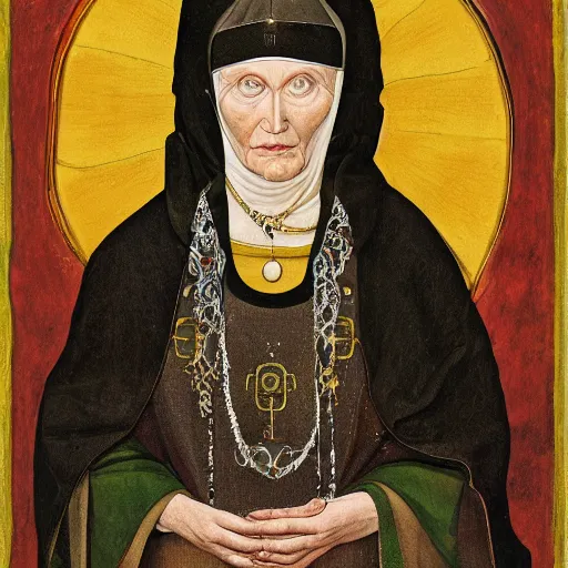 Image similar to A portrait of Hildegard Von Bingen by Juergen Teller, photograph, XF IQ4, 150MP, 50mm, f/1.4, ISO 200, 1/160s, natural light, Adobe Photoshop, Adobe Lightroom, DxO Photolab, Corel PaintShop Pro, rule of thirds