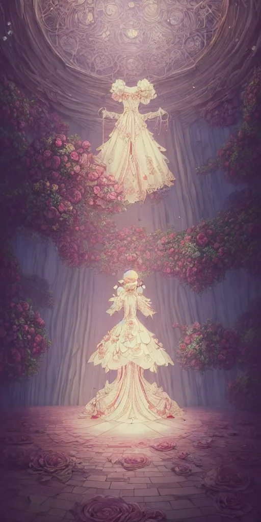 Image similar to the beautiful hyperdetailed physical rendering of a single rose wedding gothic lolita dress clothing design display in exhibition hall, perfectly shaded, atmospheric lighting, in the style of makoto shinkai victo ngai and peter mohrbacher studio ghibli artgerm karol bak beeple, surrealistic style, 8 k hd, 3 drender