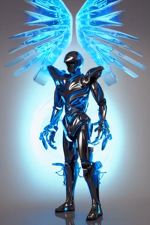 Image similar to full body celestial confident man in futuristic armor, blue glowing double Hummingbird wings, floating in air, beautiful lighting, post processing, ultra realistic details, hyper real, unreal engine 5, octane render, dof