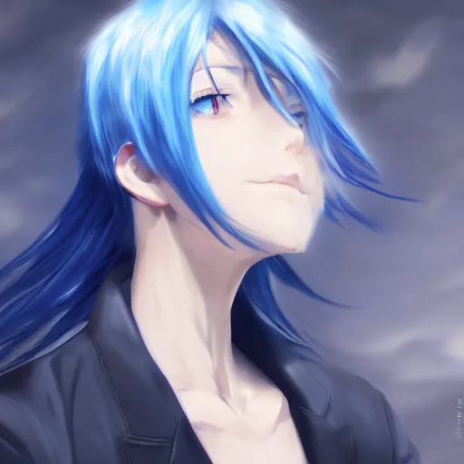Prompt: side profile of rimuru tempest with sky blue hair, long hair, sharp face, gold eyes, high collar, black jacket | professional digital painting, concept art, award - winning photography, cinematic, wlop | art by pixiv art, yoshitaka amano, junki ito