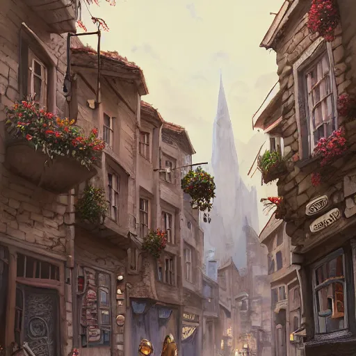 Image similar to a busy fantasy street looking down one street within a fascinating old city, quirky shops, narrow streets, old buildings, cobblestones on the ground, stone steps, street life, by Sylvain Sarrailh, single street, cinematic, simple but effective composition, clean lines, beautiful digital painting, oil painting, detailed, dungeons and dragons, lord of the rings