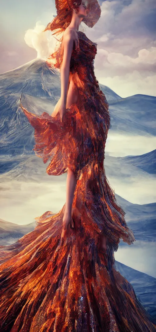 Image similar to a beautiful hyperrealistic ultradetailed 3D, one girl in a magnificent dress stands near a volcano, voge photo, fashion style, fullbody, in full growth, photorealistic, high resolution, trending on artstation, highly detailed, volumetric lighting,artstation, concept art, master illustration, elegant, details, good clear quality, volumetric lighting,