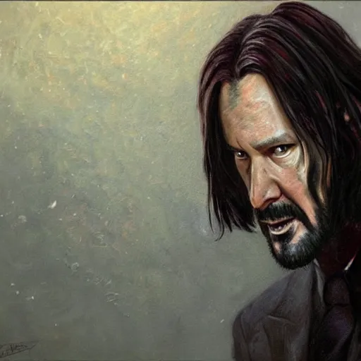 Prompt: realistic portrait beautiful painting of john wick mutate into graboid. horror, created by thomas kinkade.