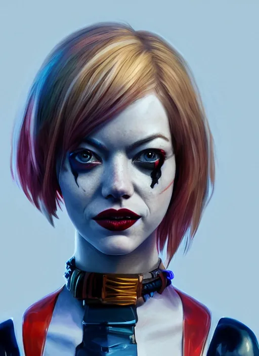 Prompt: biopunk portrait of emma stone as harley quinn, hyper detailed, digital art, trending in artstation, cinematic lighting, studio quality, smooth render, unreal engine 5 rendered, octane rendered, art style by klimt and nixeu and ian sprigger and wlop and krenz cushart.