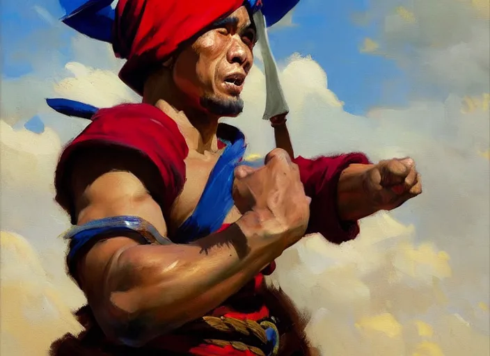 Image similar to greg manchess portrait of a filipino fighting wearing a jester hat in a victorious pose in an arena, organic painting, sunny day, matte painting, bold shapes, hard edges, street art, trending on artstation, by huang guangjian, gil elvgren, ruan jia, randy vargas, greg rutkowski