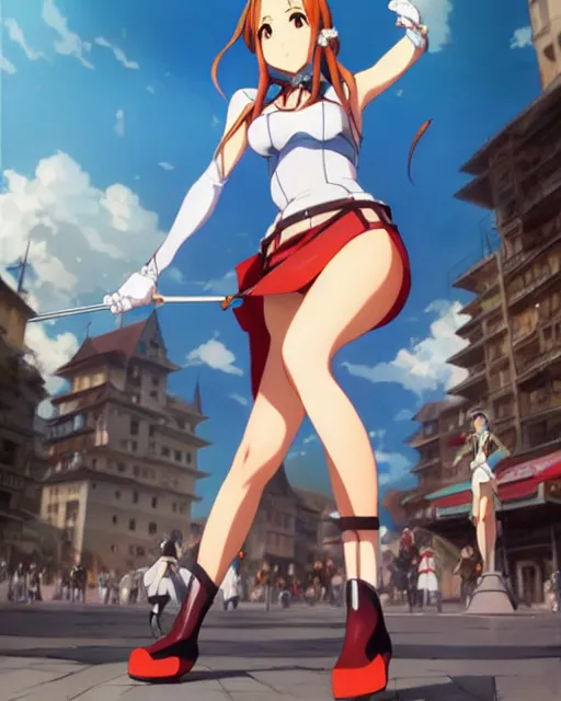 Image similar to pinup photo of asuna from sao in the crowded square of the city, asuna by a - 1 pictures, by by greg rutkowski, artgerm, gil elvgren, enoch bolles, glossy skin, pearlescent, anime, very coherent, sao style anime, flat