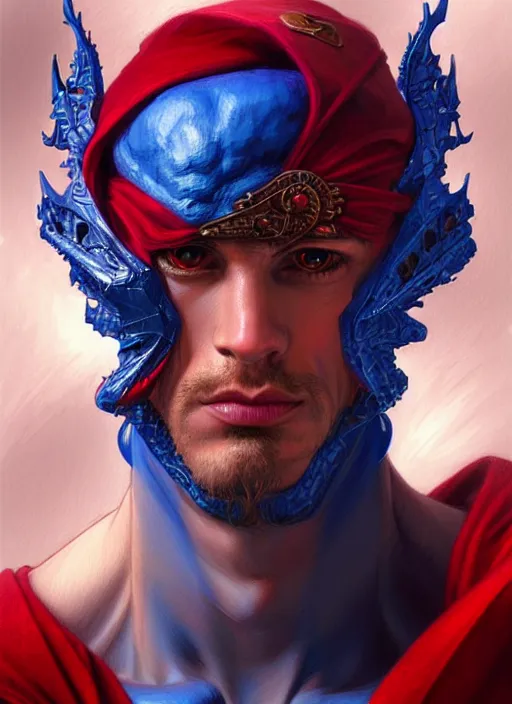 Image similar to portrait of aggressive pigeon humanoid, d & d, muscular! blue and red, fantasy, intricate, elegant, highly detailed, digital painting, artstation, concept art, smooth, sharp focus, illustration, art by artgerm and greg rutkowski and alphonse mucha