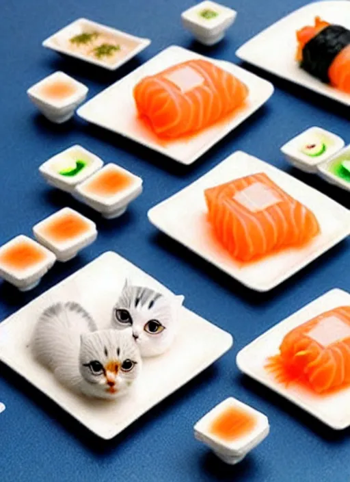 Image similar to clear photorealistic picture of adorable cats made from sushi rice, sitting on sushi plates with wasabi paste and soy sauce