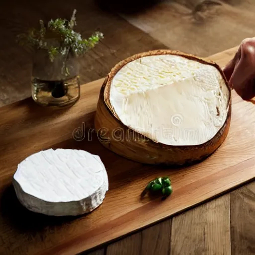 Prompt: a corporate meeting with people around a wood table looking at a huge camembert, soft lighting, high quality stock picture