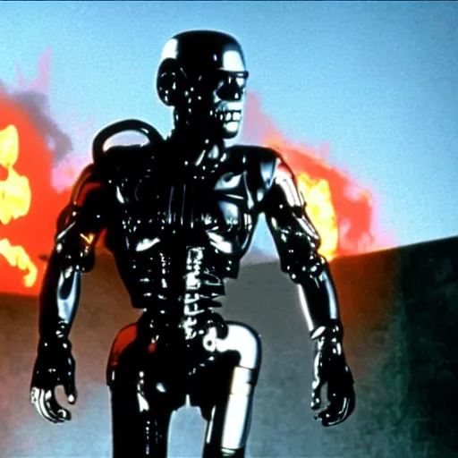 Prompt: still of the terminator ( 1 9 8 4 ) wearing a futuristic helmet with thermal vision, thermal vision