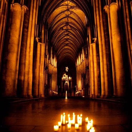 Image similar to a photograph of a beautiful gothic girl inside a dark gothic cathedral illuminated by candles, impressive scene. grainy and rough. soft colour scheme.