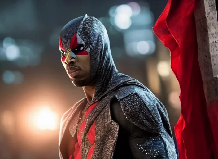 Image similar to film still of michael b jordan as spawn in the new spawn movie, giant chains, large cape, 8 k