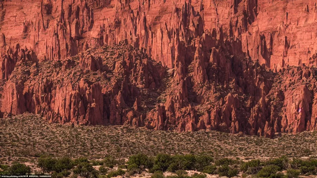 Image similar to an atmospheric film still by Christopher Nolan with a huge towering dark gothic cathedral carved out of rock at the top of a red rock canyon