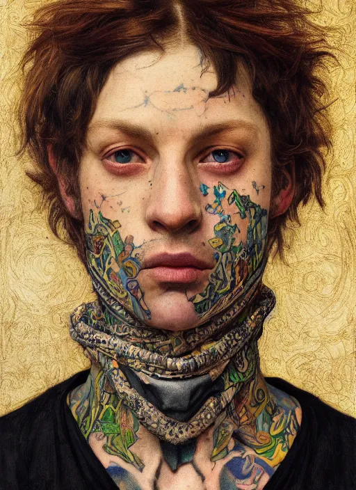 Prompt: close - up portrait of a handsome man with tattoos wearing a balaclava with colourful intricate psychodelic patterns, by edgar maxence and caravaggio and michael whelan and delacroix style, artistic, intricate drawing, light brazen, realistic fantasy, extremely detailed and beautiful aesthetic face, establishing shot, 8 k resolution, dramatic lighting