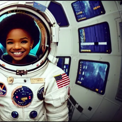 Image similar to halle bailey as an astronaut, high res imax 7 0 mm film grainy photo uhd