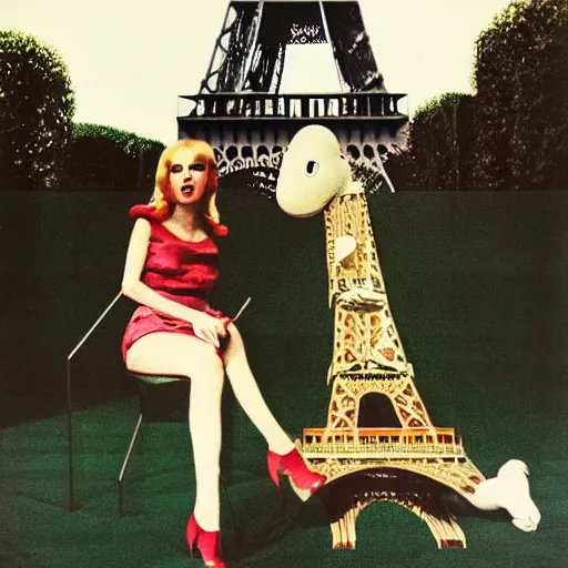 Prompt: 1976 film still glamorous woman photo and her friend, a puppet that looks like Caspar the Friendly Ghost, in front of the eiffel tower, 16mm film live soft color, earth tones and some primary colors 1976, archival footage, in style of doris wishman russ meyer, woman looks like sharon tate