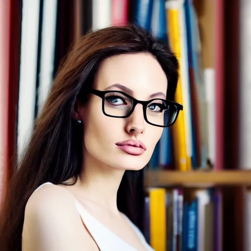 Prompt: portrait beautiful young woman, looks like angeline jolie with black hair and glasses, wearing a white top in the library, 4k